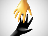 Two 3D hands taking each other on white background. Concept of help, charity, business assistance and partnership. Golden fortune hand reaches for black hand. Vector illustration of helping gesture.