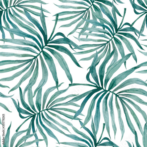 Watercolor tropical palm leaves seamless pattern. Hand drawn jungle illustration whte background.
