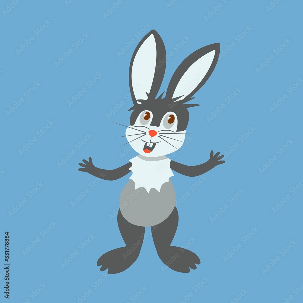 Naklejka premium A cute gray hare, rabbit, bunny stands on its hind legs and sings. Happy easter. Nimble wild forest animal. Colorful illustration on a blue background in cartoon style