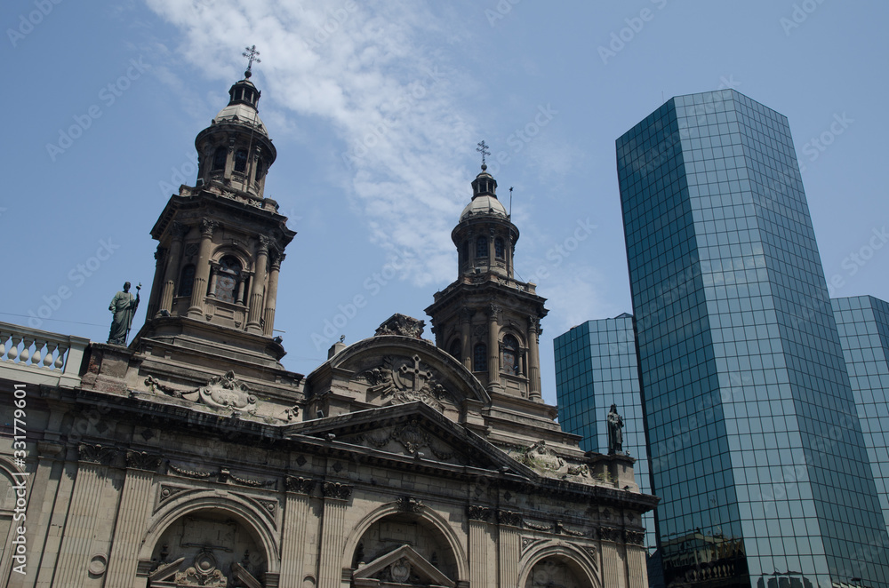 Metropolitan Cathedral and skyscraper in Santiago de Chile.