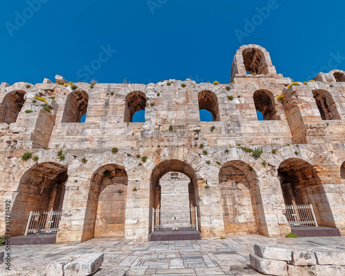 Athens Greece, Herodium ancient roman theater arched facade under Acropolis