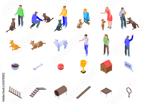 Dog training icons set. Isometric set of dog training vector icons for web design isolated on white background