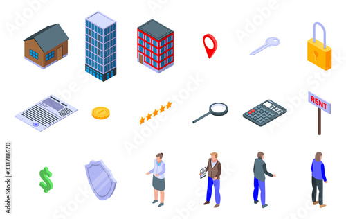 Realtor icons set. Isometric set of realtor vector icons for web design isolated on white background