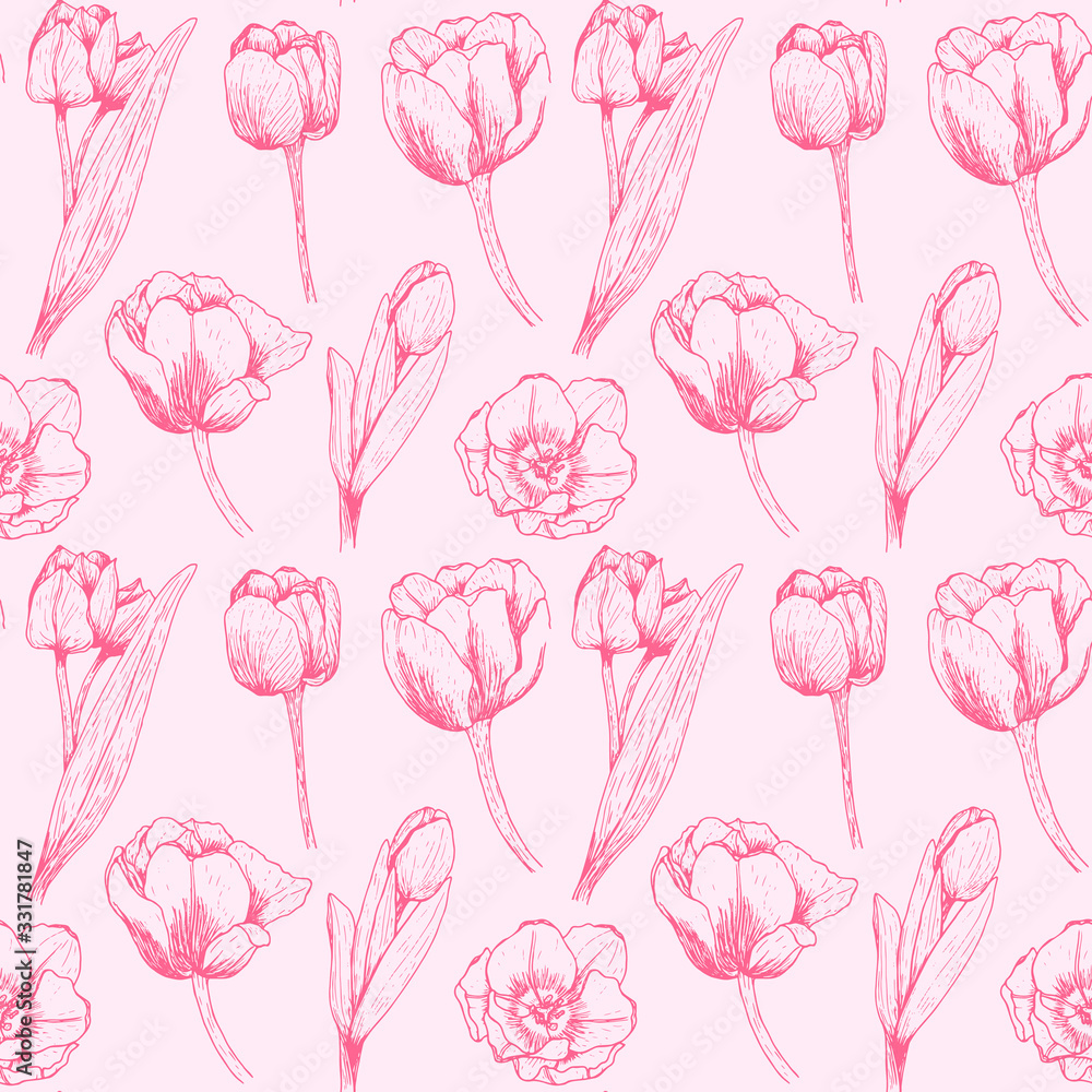 Sweet mood of hand drawn sketch tulip flowers silhouette and hand line seamless pattern vector design for fashion,fabric,wallpaper and all prints on light pink background color