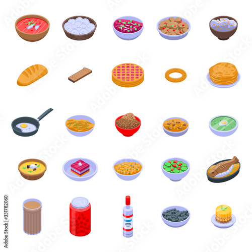 Russian cuisine icons set. Isometric set of russian cuisine vector icons for web design isolated on white background