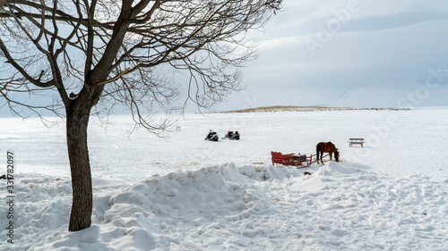 Beautiful winter landscape with snow lake © ALIUNLU