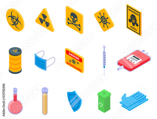 Biohazard icons set. Isometric set of biohazard vector icons for web design isolated on white background