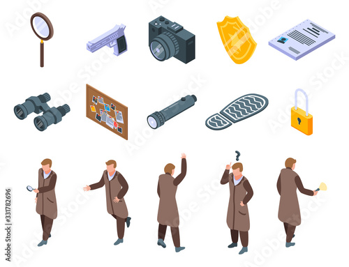 Investigator icons set. Isometric set of investigator vector icons for web design isolated on white background