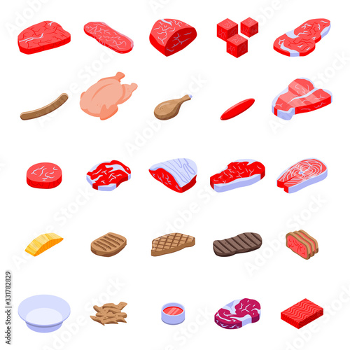 Meat icons set. Isometric set of meat vector icons for web design isolated on white background