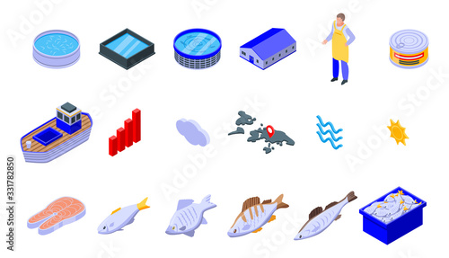 Fish farm icons set. Isometric set of fish farm vector icons for web design isolated on white background