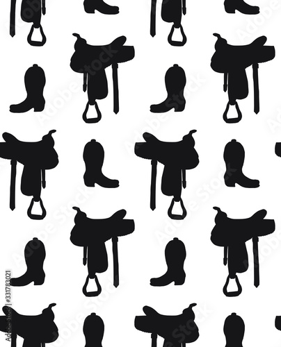 Vector seamless pattern of black equestrian horse cowboy western boot and saddle silhouette isolated on white background