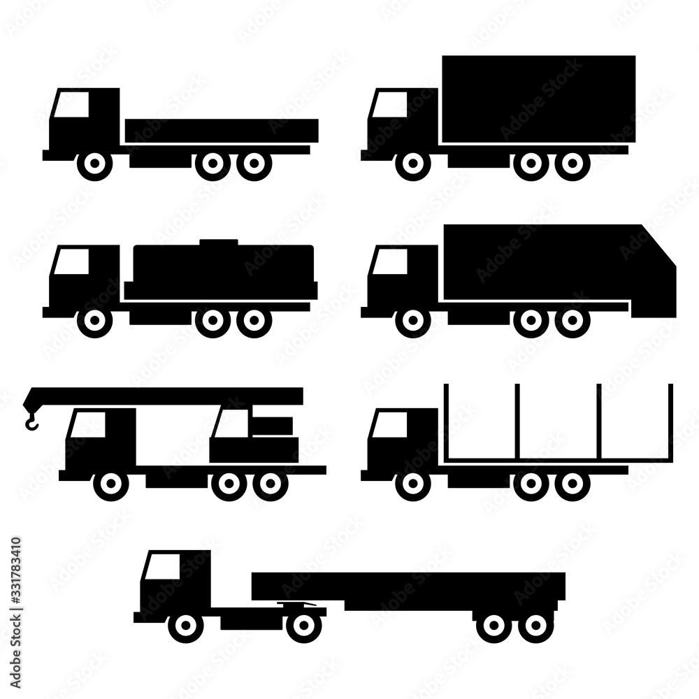 Set of truck icon. Side view. Black silhouette. Vector graphic illustration. Isolated object on a white background. Isolate. Set of truck icon. Side view. Black silhouette. Vector graphic illustration. Isolated object on a white background. Isolate.
