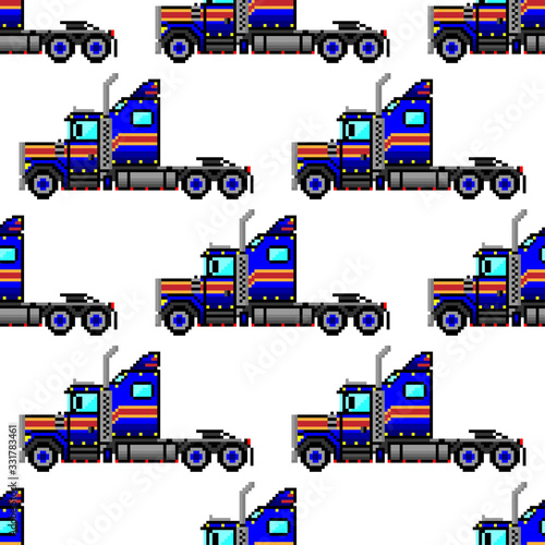 Blue pixel truck tractors isolated on white background. Baby seamless pattern. Side view. Vector graphic illustration. Texture.