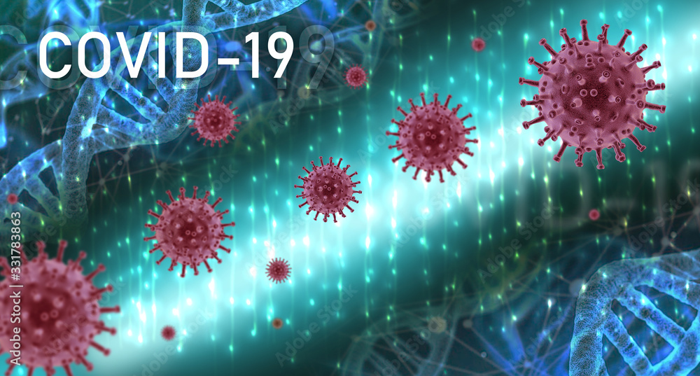 Obraz premium virus, coronavirus covid19 covid-19 on blue background neon, DNA, biological research 