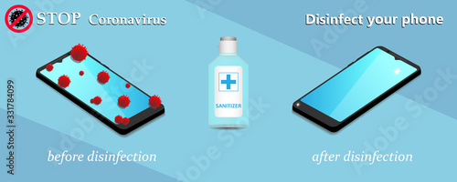 Sanitize smartphone. Cleaning mobile phone to eliminate germs, coronavirus Covid-19. Stop Coronavirus. Hygiene concept.
