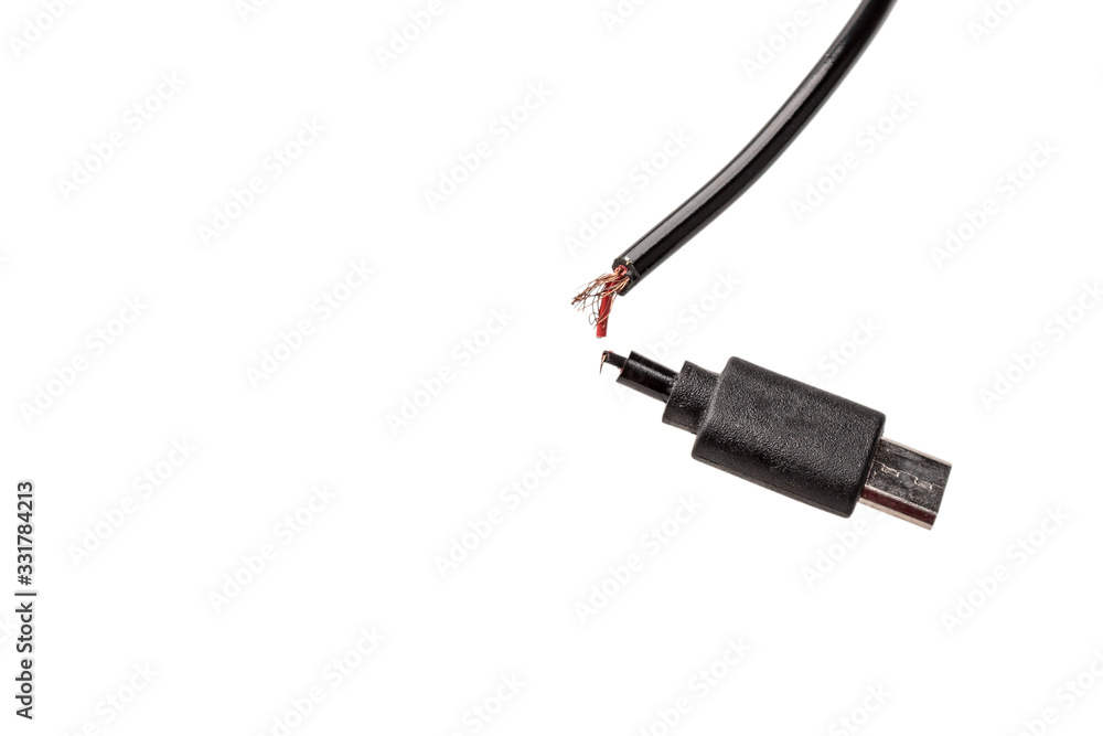 broken electrical cable with protruding wires and contacts isolated on white background broken electrical cable with protruding wires and contacts isolated on white background