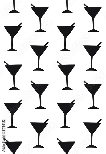 Vector seamless pattern of black doodle sketch martini cocktail silhouette isolated on white background 