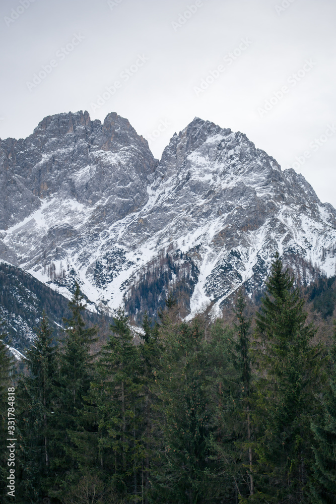 High alpine mountains with snow in Germany and blue beautiful sky