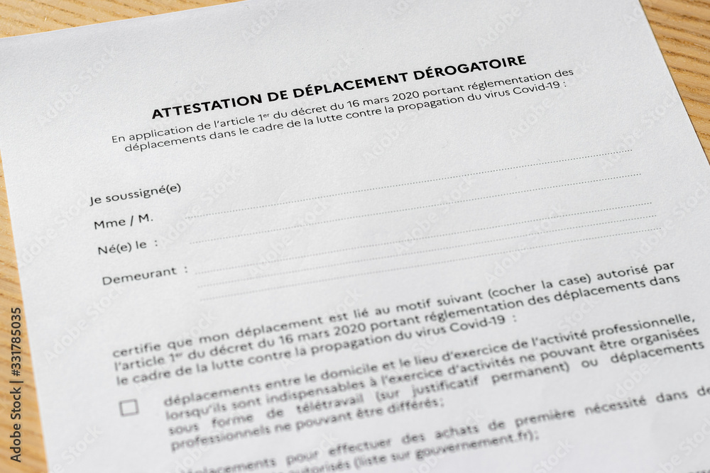 Attestation de déplacement dérogatoire française Attestation de déplacement dérogatoire française
