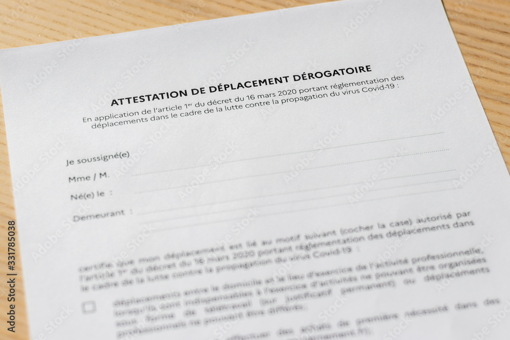 Attestation de déplacement dérogatoire française Attestation de déplacement dérogatoire française