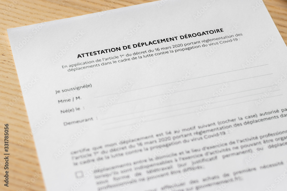 Attestation de déplacement dérogatoire française Attestation de déplacement dérogatoire française