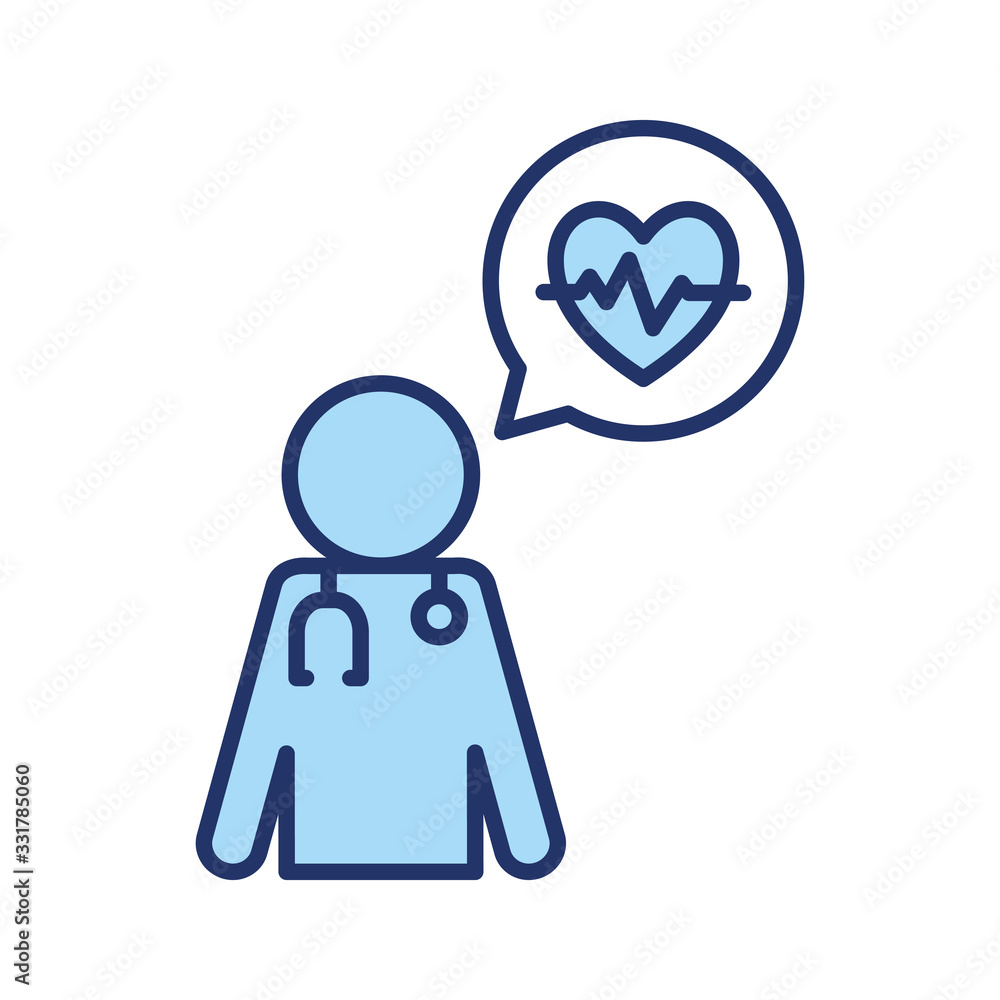 Avatar doctor with stethoscope and heart pulse bubble line and fill style icon vector design Avatar doctor with stethoscope and heart pulse bubble line and fill style icon vector design