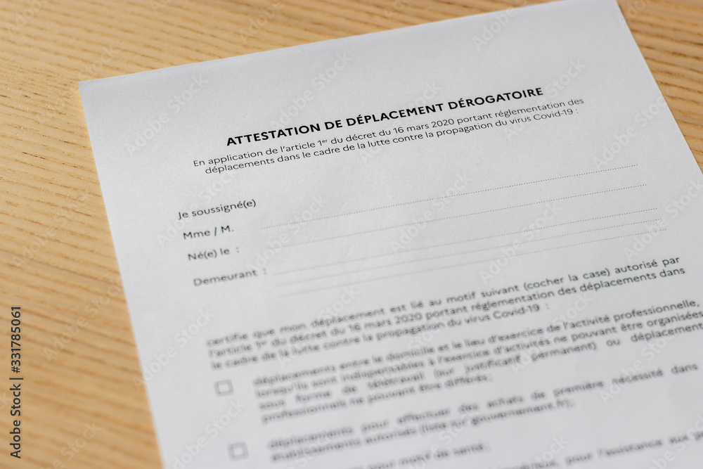 Attestation de déplacement dérogatoire française Attestation de déplacement dérogatoire française