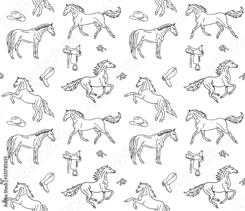 Vector seamless pattern of hand drawn doodle sketch horses and cowboy western equipment isolated on white background