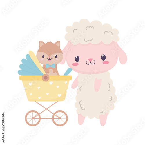 baby shower sheep with squirrel in pram cartoon decoration