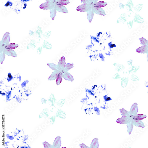 Fototapeta Naklejka Na Ścianę i Meble -  Seamless pattern using watercolors. Concept: wallpaper, textiles, printed products. Floral print. Purple flowers on a white background.