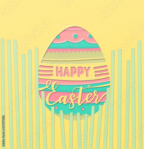 "Happy Easter" paper cut out greeting card design. 3d cut paper effect.