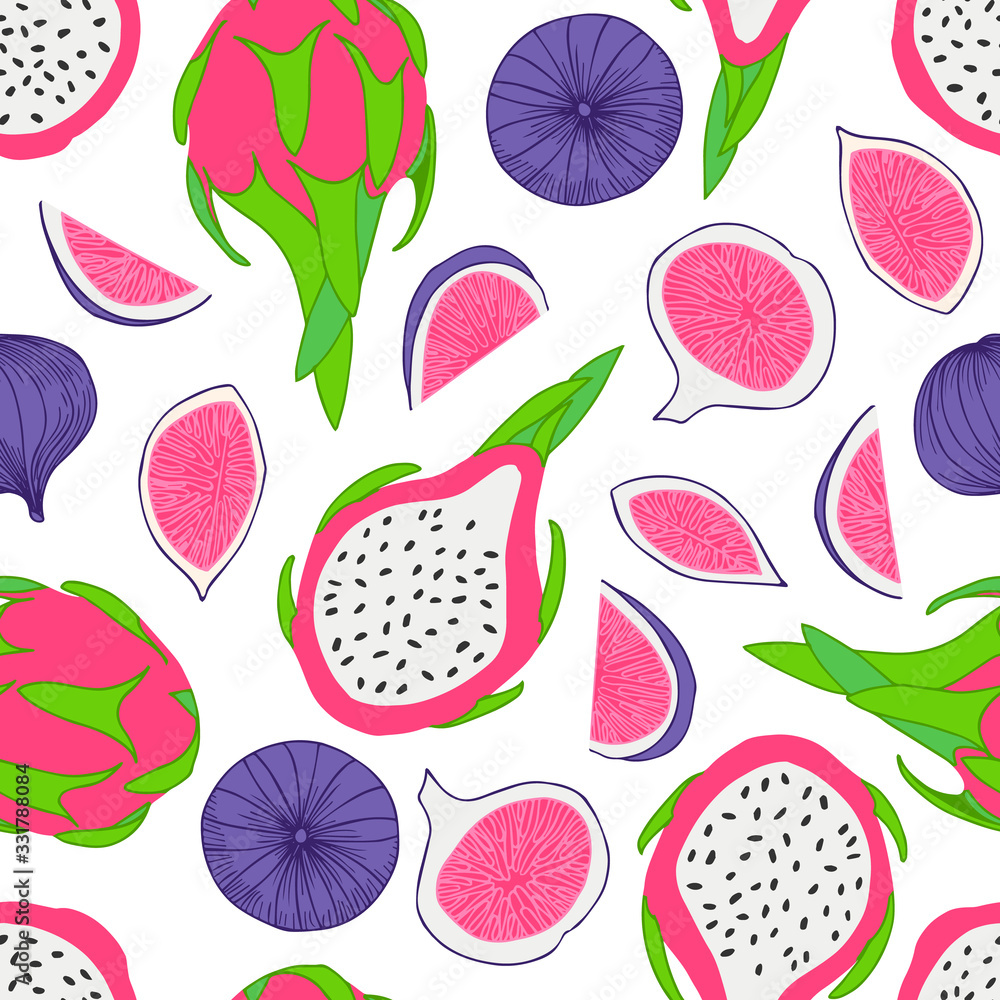 Colorful fig and dragon fruit on white background. Hand drawn seamless pattern. Stock vector illustration. Colorful fig and dragon fruit on white background. Hand drawn seamless pattern. Stock vector illustration.