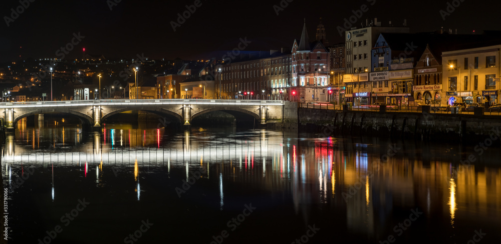Beautiful night view scene Cork city center old town Ireland cityscape reflection river Lee
