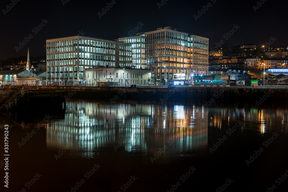 Beautiful night view scene Cork city center old town Ireland cityscape reflection river Lee Beautiful night view scene Cork city center old town Ireland cityscape reflection river Lee