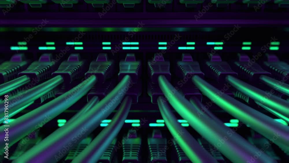 Close-up View of Modern Internet Network Switch With Plugged Ethernet Cables. Blinking Lights on Internet Server. Concept of Data Center, Cloud Computing and Telecommunications. Endless Loop.