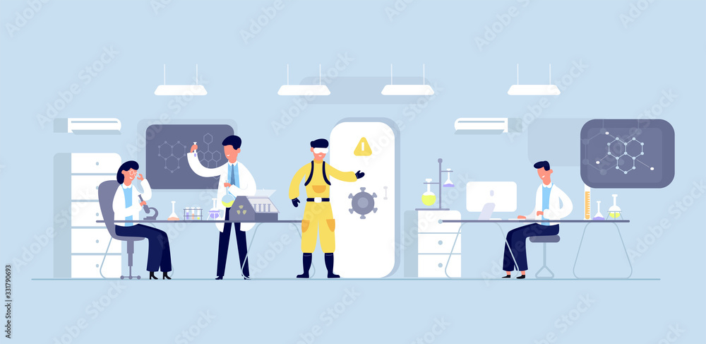 Group of scientists conducting experiments in science laboratory. Scientists chemical researchers working with lab equipment. Scientific research, medical virus lab, biology molecular. Vector