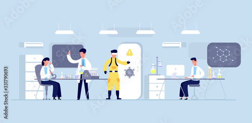 Group of scientists conducting experiments in science laboratory. Scientists chemical researchers working with lab equipment. Scientific research, medical virus lab, biology molecular. Vector