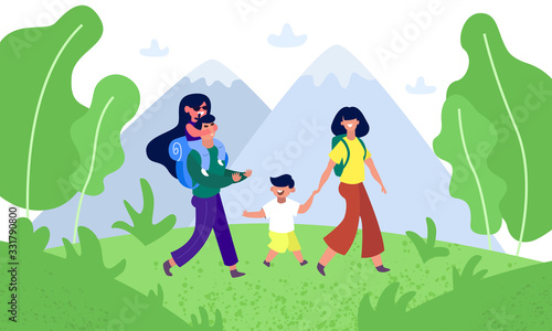 Happy family hiking nature. Father, mother and children are traveling through the mountains landscape. Trekking outdoor adventure vector concept. Active adventure tourism illustration