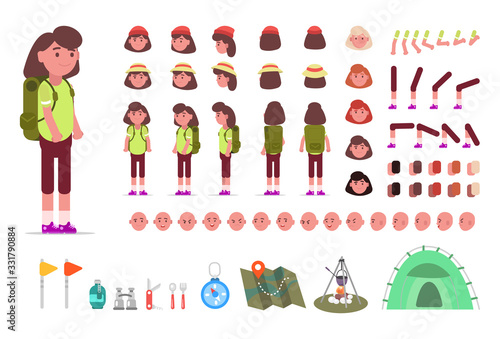 Hiking woman kit, animation set of female tourist with camping equipment with different types of faces, haircuts, emotions, front, back, side view of a male face. Constructor elements