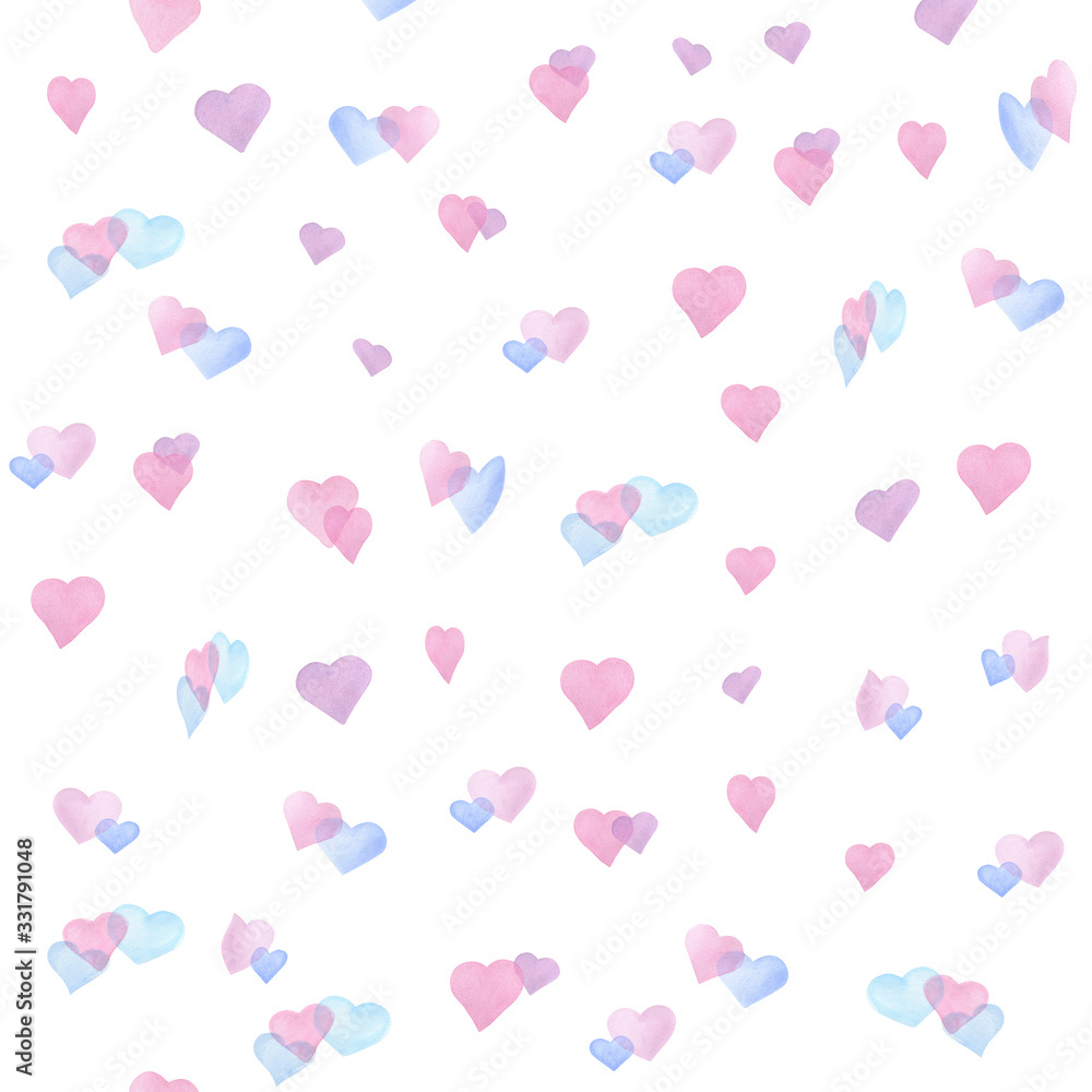 Seamless colorful pink hearts pattern. Hand drawn watercolor illustration on white background