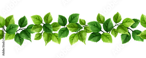 Vector horizontal seamless border with green leaves.