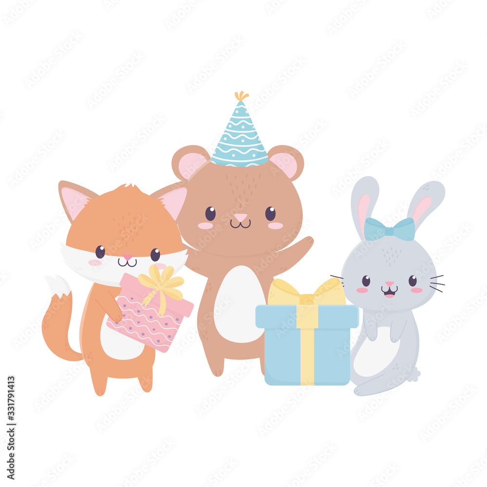 happy birthday cute animals gifts party hat cupcake celebration decoration card happy birthday cute animals gifts party hat cupcake celebration decoration card
