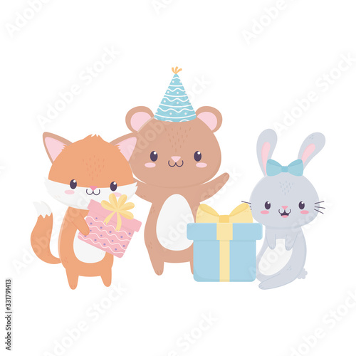 happy birthday cute animals gifts party hat cupcake celebration decoration card