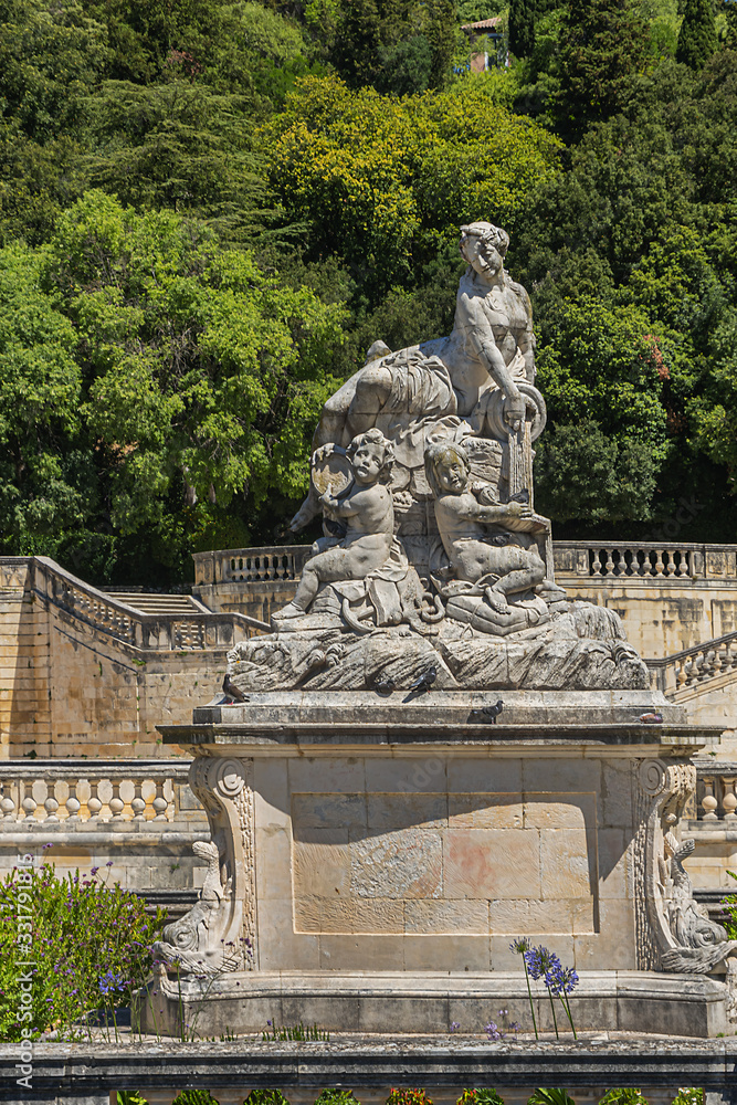 Remarkable garden and first public garden in Europe: Jardin de la Fontaine (1738 - 1755) in Nimes. Nimes, Occitanie region of southern France.