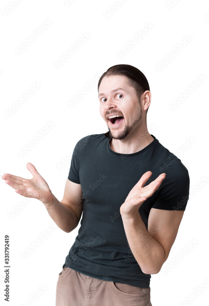 Cheerful gesturing man in studio isolated on a white background. Cheerful gesturing man in studio isolated on a white background.