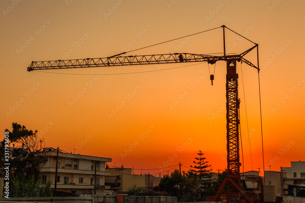 Silhouette Crane on Sunset Background in Greece. Summer time, Awesome atmosphere.