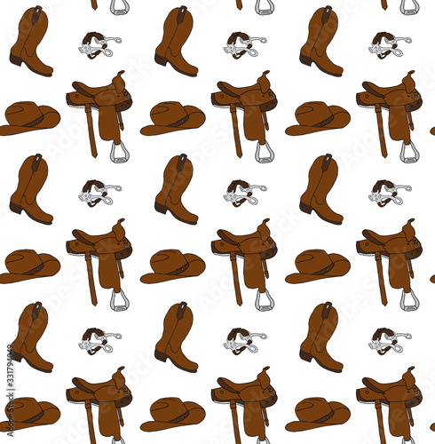 Vector seamless pattern of colored hand drawn doodle sketch western cowboy equestrian horse equipment isolated on white background