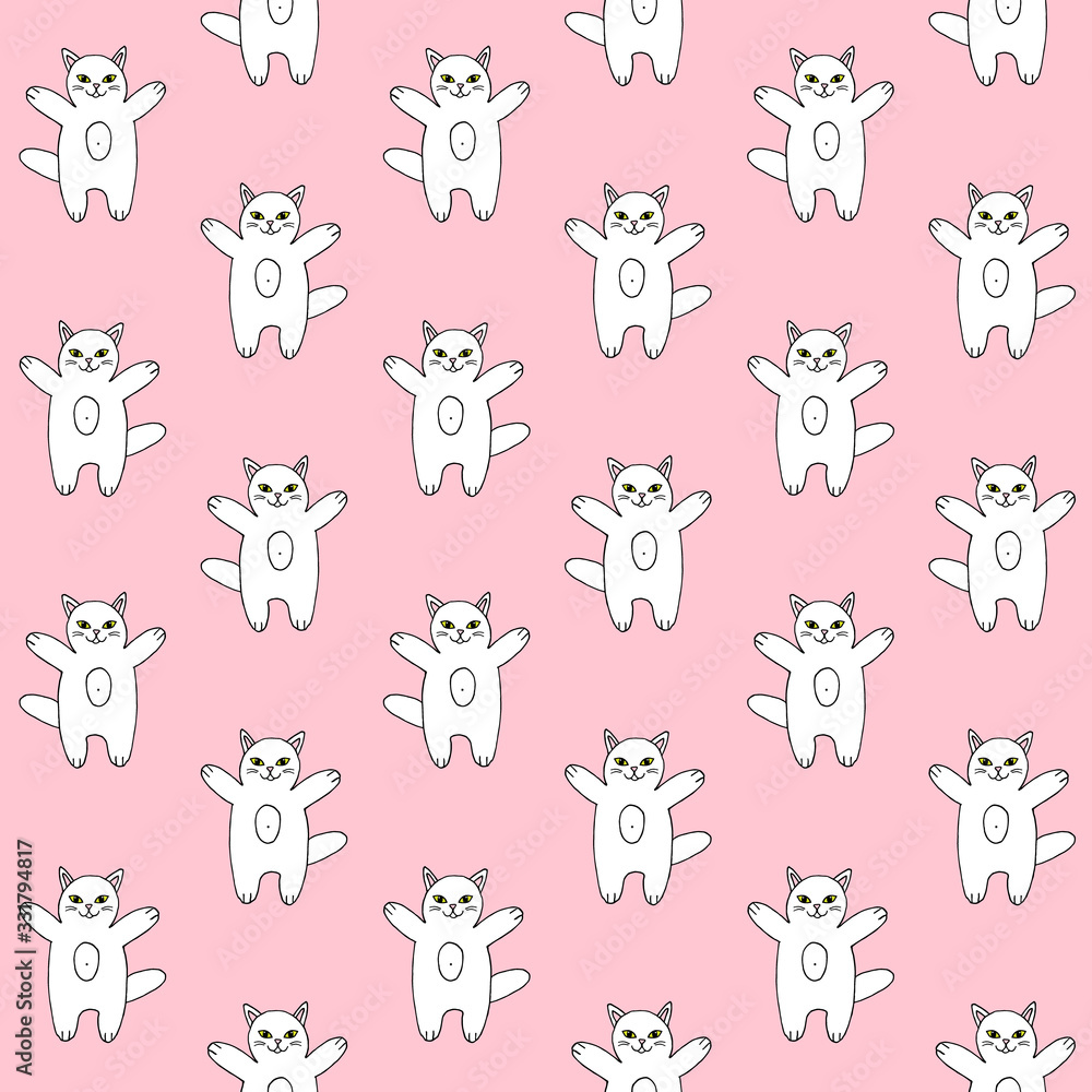 Vector seamless pattern of white hand drawn doodle sketch cat isolated on pastel pink background