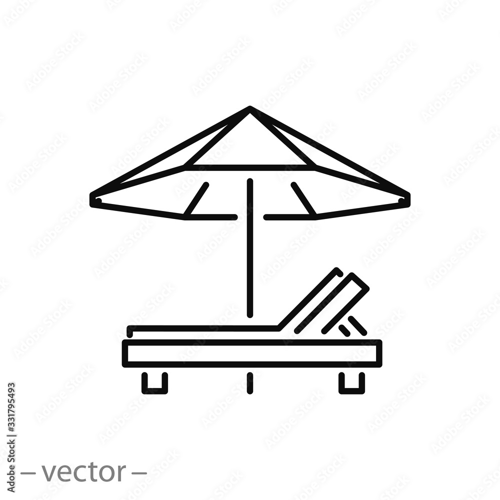 lounge chair with sun umbrella on a beach icon, outline parasol, summer vacation, thin line web symbol on white background - editable stroke vector illustration eps10 - obrazy, fototapety, plakaty 