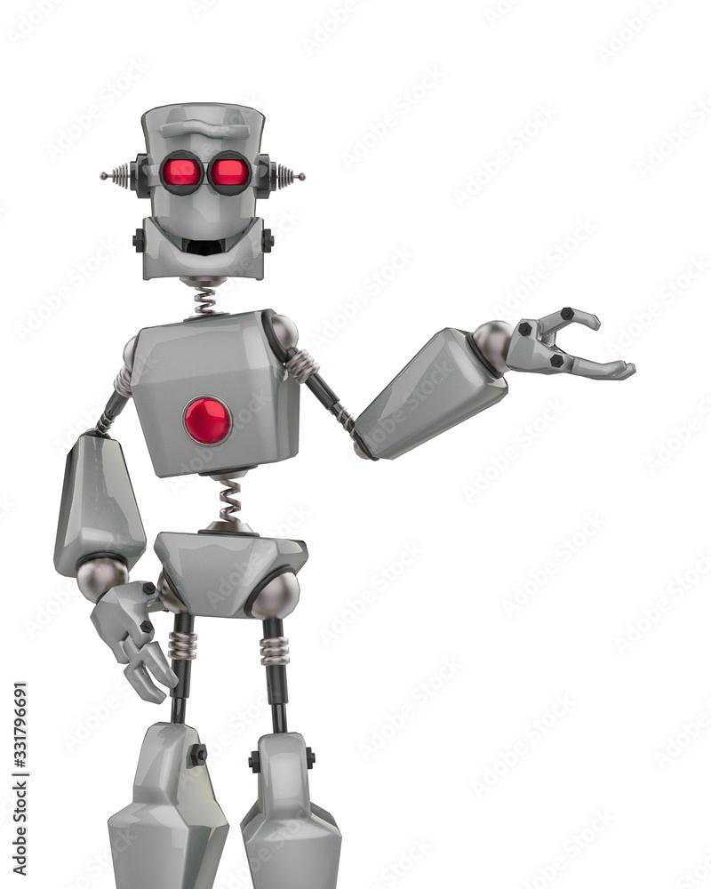 funny grey robot cartoon demonstraiting some thing in a white background  ilustración de Stock | Adobe Stock